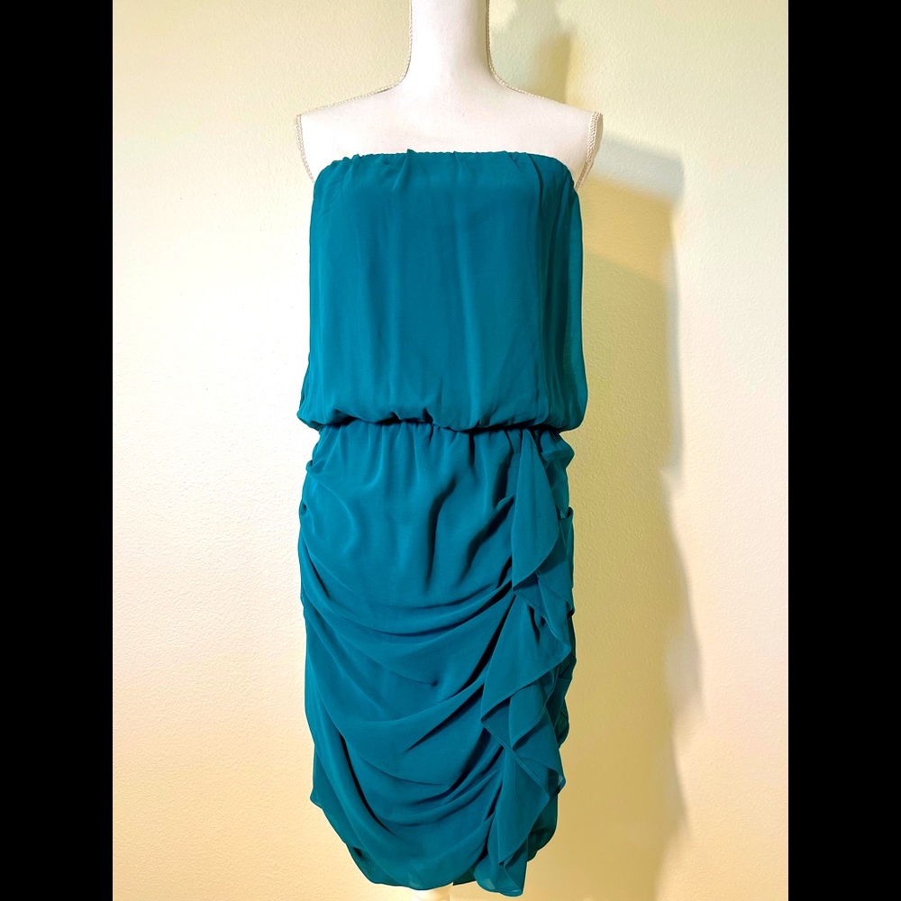 Ruched Strapless Mini Dress Teal Blue Party Cocktail Dress, Size M